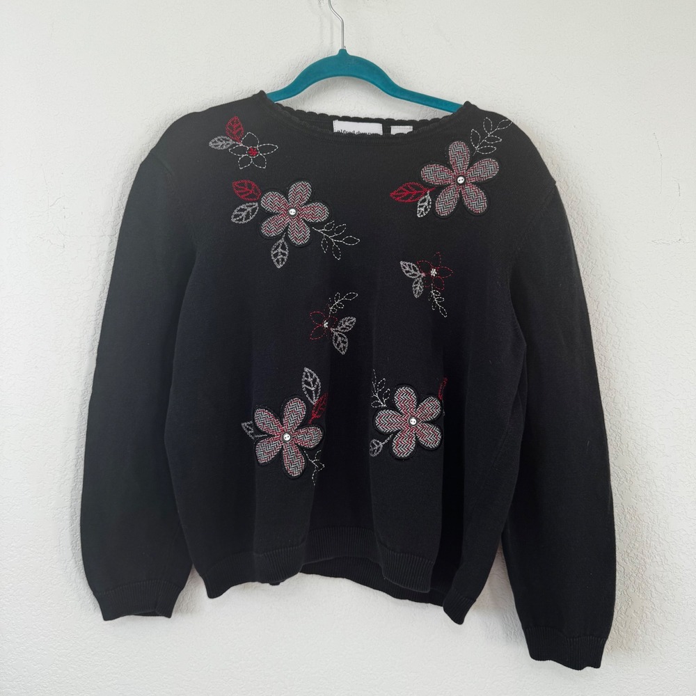Alfred Dunner Black Floral Embroidered Pullover Sweater XL
